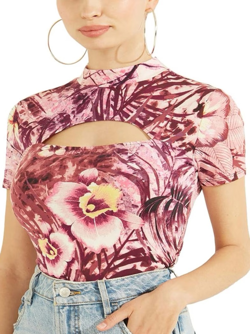 Guess Pink Floral Cutout Crop Top Size Small